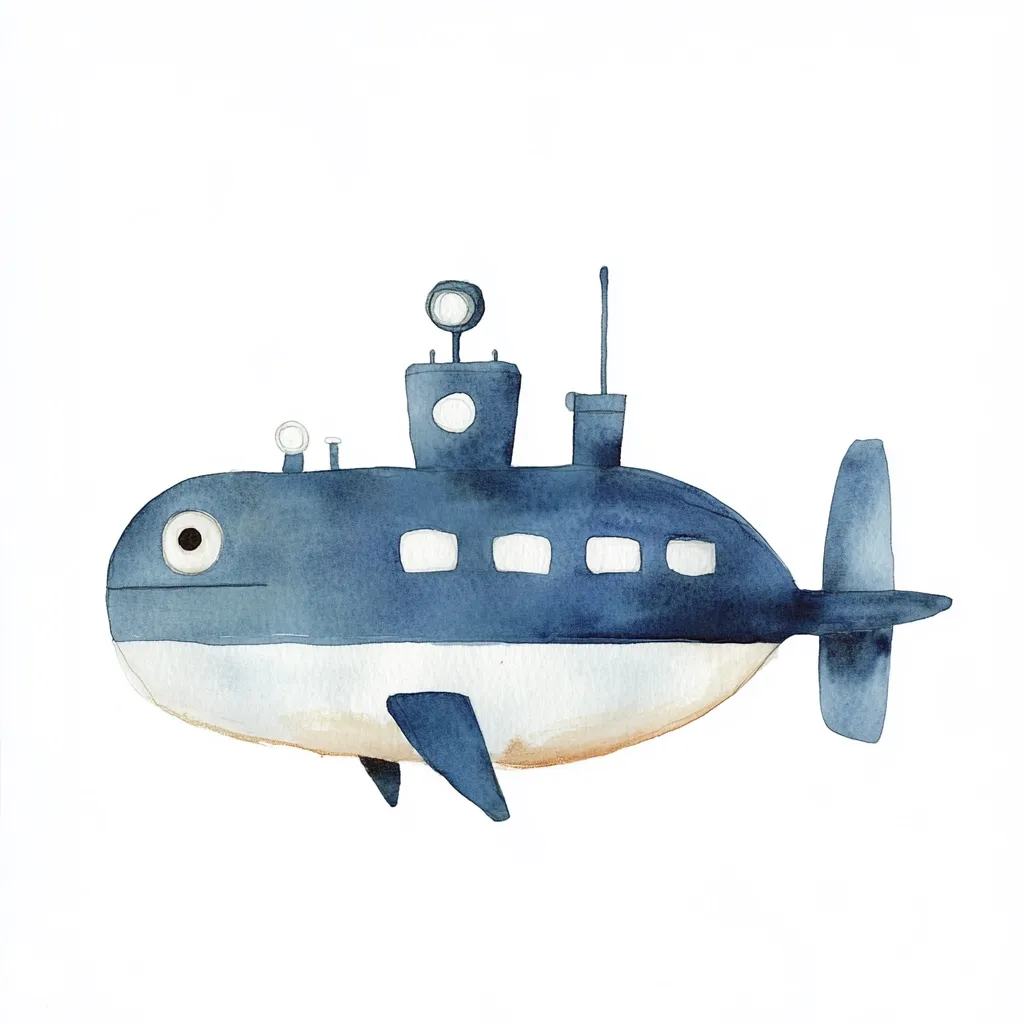 A charming watercolor painting depicts a whimsical submarine.  The submarine is predominantly blue, with a lighter underbelly and a single, expressive eye.  It features a small antenna and portholes, adding to its endearing character. The style is childlike and playful, suggesting a sense of adventure and fun. The artwork is set against a plain white background, allowing the submarine to be the focal point.