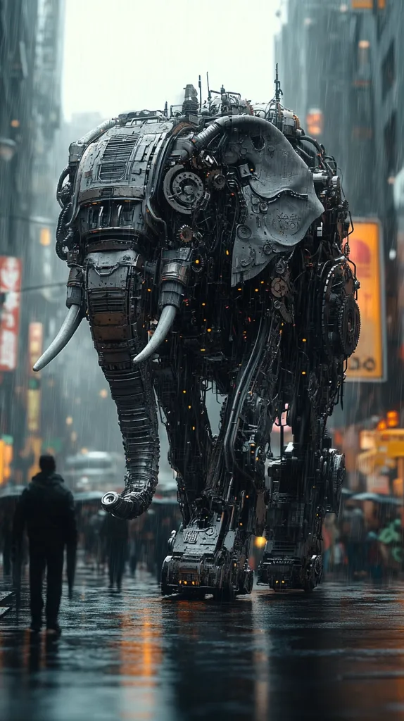 A colossal mechanized elephant, crafted from dark metal and intricate gears, strides through a rain-swept city street.  Its massive form dominates the scene, its intricate mechanical details highlighted by glowing orange lights.  Pedestrians, dwarfed by the machine's presence, navigate the wet pavement, creating a stark contrast between organic life and futuristic technology.  The overall mood is one of awe and a touch of unease.