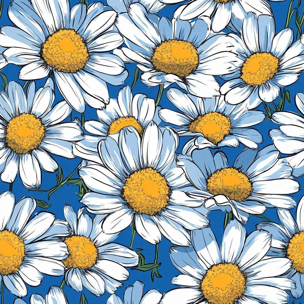 A vibrant seamless pattern showcases a profusion of daisies against a deep blue backdrop.  The daisies, rendered in a stylized, almost hand-drawn manner, feature crisp white petals surrounding bright yellow centers.  The pattern is dense, with overlapping blooms creating a lively, floral tapestry.  The graphic style gives the design a modern and energetic feel.