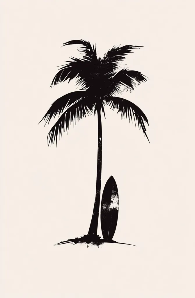 A minimalist black and white illustration depicts a palm tree with a surfboard leaning against its trunk.  The style is graphic and slightly textured, evoking a beachy, tropical vibe.  The image is simple yet evocative, suggesting relaxation and summer.  The off-white background enhances the stark contrast of the black silhouette.
