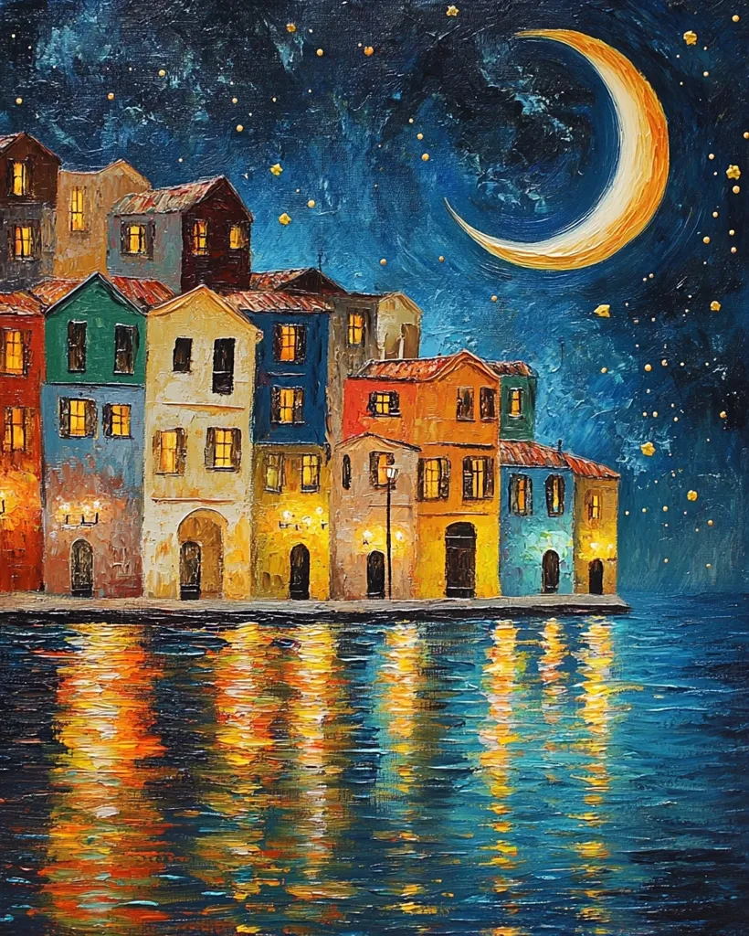 A vibrant oil painting depicts a picturesque waterfront scene at night.  A crescent moon hangs in a star-studded sky above a row of colorful, illuminated buildings lining a calm body of water.  The warm lights from the buildings are beautifully reflected on the water's surface, creating a serene and magical atmosphere. The artist's impasto technique adds texture and depth to the scene.