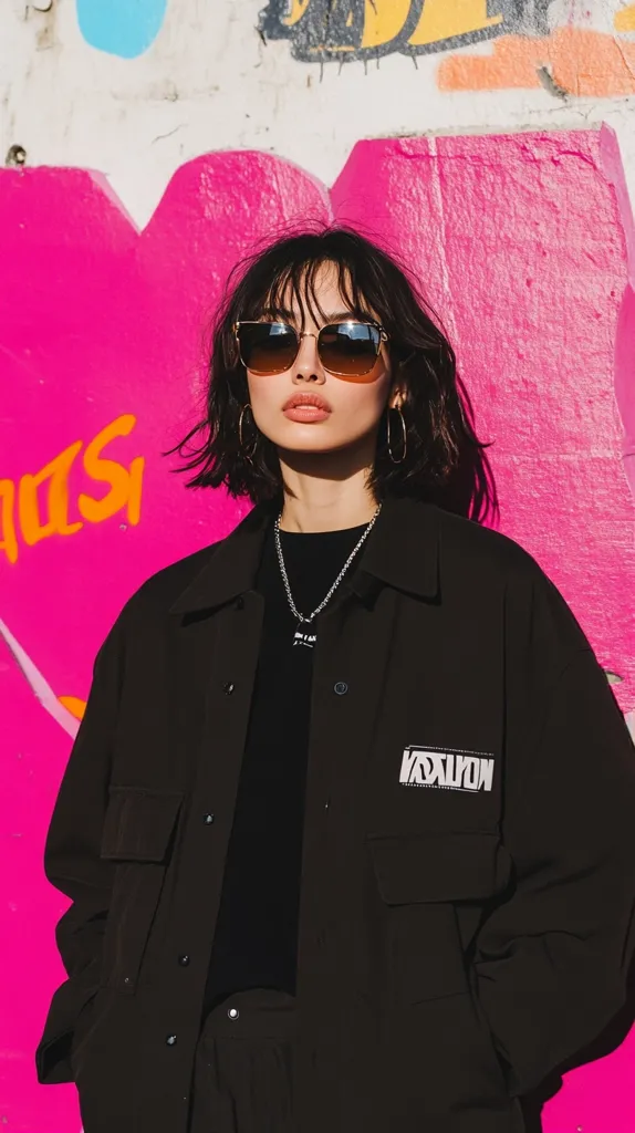 A young woman with short dark hair and gold-framed sunglasses stands before a vibrant pink graffiti wall. She wears a black utility jacket with a subtle logo, a black shirt, and a silver necklace. Her expression is serious and confident, showcasing a stylish and edgy urban aesthetic. The bright pink background contrasts sharply with her dark clothing, creating a visually striking image.