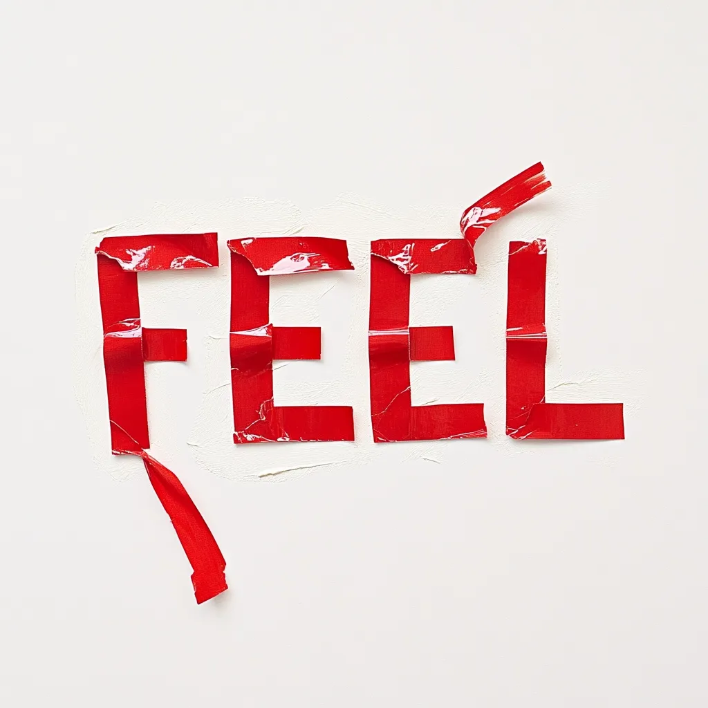 The word "FEEL" is spelled out using pieces of red tape on a white background.  The tape is torn and uneven, giving a slightly distressed or raw look.  Some pieces of tape hang loosely, adding to the imperfect, handcrafted aesthetic.  The overall impression is one of vulnerability and raw emotion.