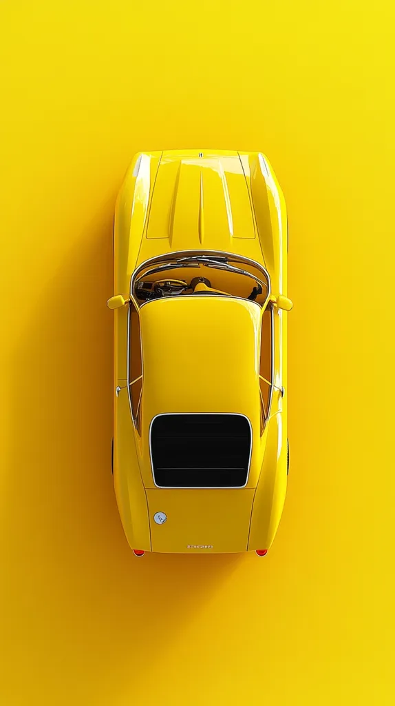 A vibrant yellow classic sports car is viewed from directly above, set against a matching yellow background.  The car's sleek design and smooth, polished surface are highlighted by the overhead perspective.  The bright color creates a bold, eye-catching image, emphasizing the car's retro aesthetic and clean lines. The image is minimalist and visually striking.