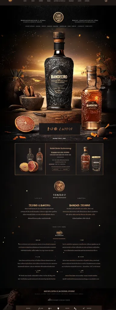 This website showcases Bandeiro, a premium dark spirit.  The site features stunning visuals of the bottle,  alongside dried citrus fruits and other complementary elements, creating a luxurious and sophisticated atmosphere.  Information about different Bandeiro variations is presented, emphasizing its unique taste and high-quality ingredients.  The overall design is dark, elegant, and evokes a sense of mystery and exclusivity.