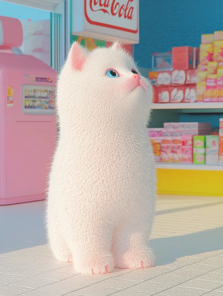 A fluffy white kitten with light pink paws and bright blue eyes sits in a pastel-colored convenience store.  The store shelves are stocked with colorful candies and drinks. A pink Coca-Cola sign hangs above. The scene is rendered in a soft, dreamy style, with sunlight illuminating the kitten.  The overall aesthetic is cute and whimsical.