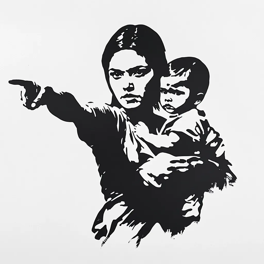 A stark black and white stencil artwork depicts a determined woman holding a child.  Her arm is extended, index finger pointing forcefully.  The woman's expression is serious, almost fierce, conveying a sense of urgency and protest.  The style is bold and graphic, reminiscent of street art, creating a powerful visual statement about motherhood and activism.  The simplicity of the image amplifies its impact.
