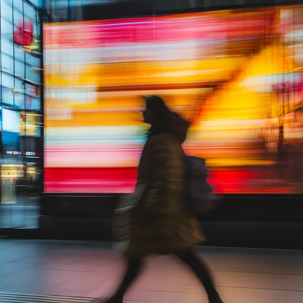 A blurred figure walks past a vibrant, colorful storefront. The image uses motion blur, creating streaks of red, orange, and yellow across the display. The person's clothing is dark, contrasting against the bright background. The overall impression is one of movement and urban energy, highlighting the dynamism of city life.