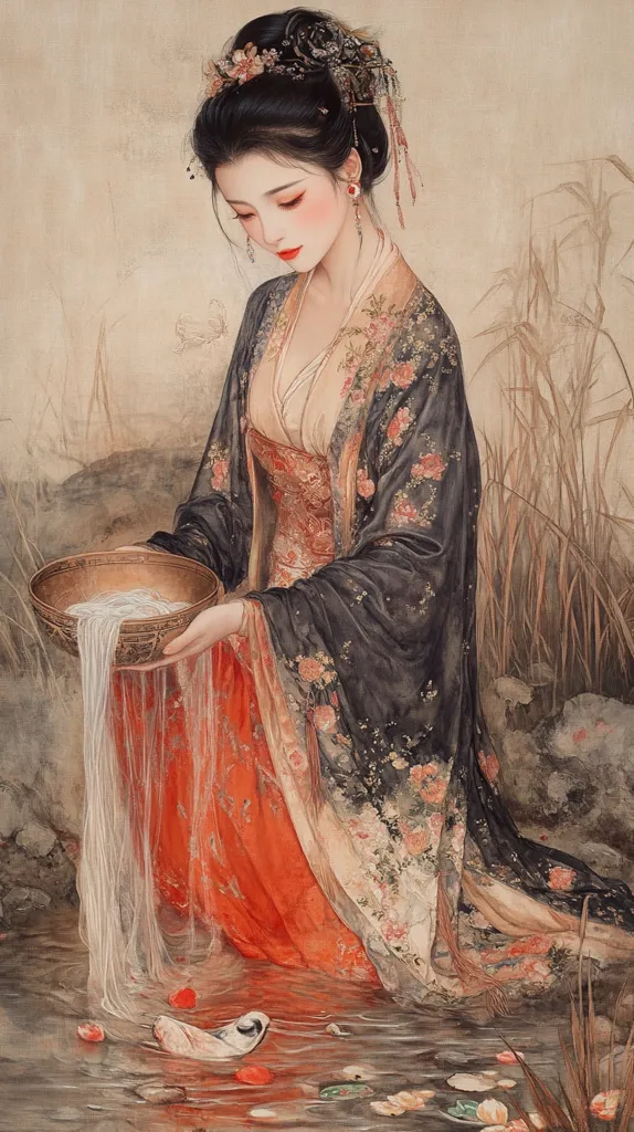 A delicately rendered painting depicts a young woman in traditional East Asian attire.  She kneels by a stream, gently pouring a white substance from a bronze bowl into the water.  Her elegant robe features floral patterns, and her hair is intricately styled with blossoms.  The overall aesthetic is serene and evocative of classical beauty.  Floating petals and a subtle reflection enhance the peaceful atmosphere.