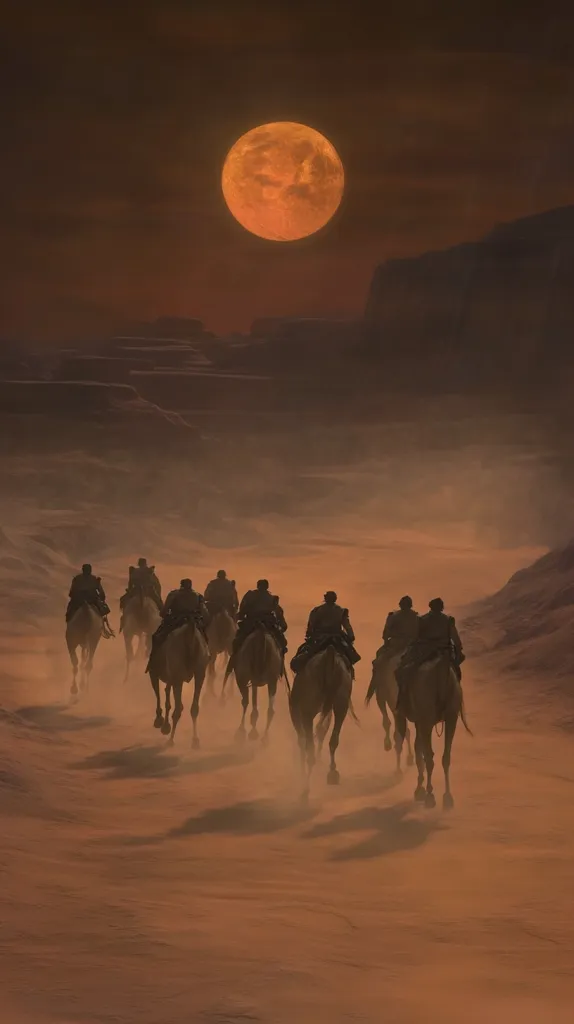 A caravan of riders on camels traverses a vast, sandy desert under a large, orange-hued moon.  The silhouettes of the riders and their mounts are stark against the dusky landscape, creating a dramatic and atmospheric scene.  Dust rises behind them, adding to the sense of journey and movement across the desolate terrain. The moon dominates the upper portion of the image, casting an ethereal glow.