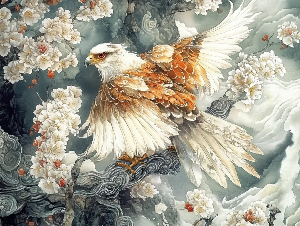 A majestic hawk, with wings outstretched, perches on a gnarled branch amidst a blossoming plum tree.  Its feathers are rendered in rich browns and creams, contrasting beautifully with the delicate white and pink blossoms.  The artwork uses a soft, painterly style, suggesting a watercolor or ink wash technique, creating a dreamy, ethereal atmosphere. The background features swirling clouds, adding depth and enhancing the mystical quality of the image.