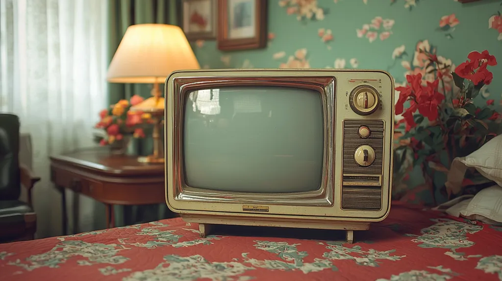 A vintage, off-white television sits on a floral bedspread.  A dimly lit table with a lamp and flowers is visible in the background, along with a portion of a teal patterned wallpapered wall.  The overall scene evokes a nostalgic, mid-century aesthetic.  The television's knobs and controls are clearly visible.