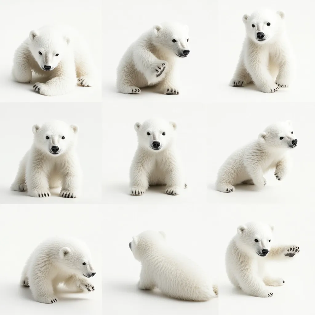 Nine adorable polar bear cubs are captured in various playful poses against a stark white background.  Each cub exhibits different postures, from sitting upright to playfully reaching out.  Their fluffy white fur and endearing expressions make for a captivating collection of images. The uniformity of the background emphasizes the cubs’ charm and creates a clean, professional aesthetic.