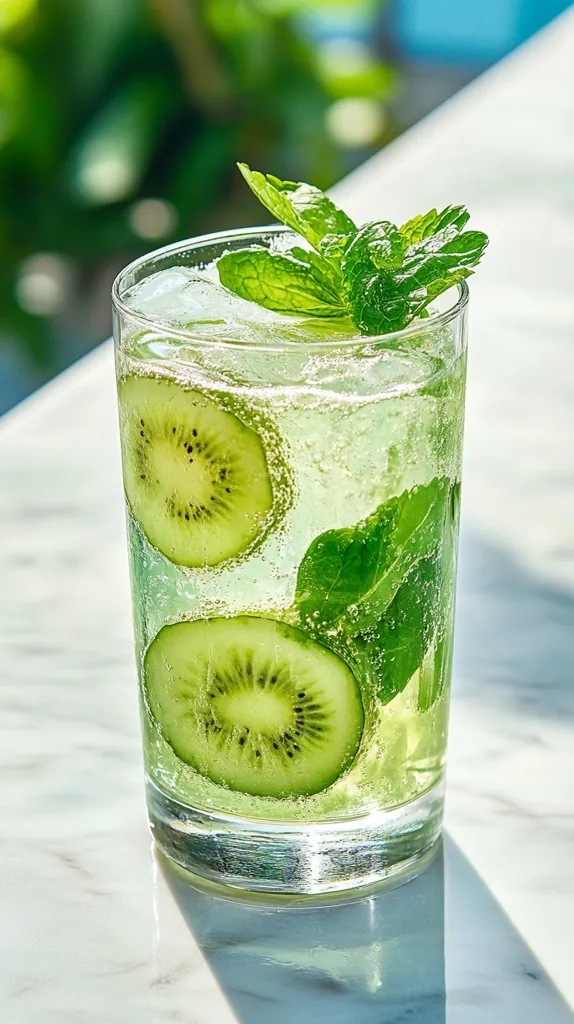 A refreshing drink in a tall glass.  The drink is light green and appears to be carbonated, containing sliced kiwi fruit and fresh mint leaves. Ice cubes are visible near the top. The glass sits on a marble surface, bathed in sunlight, creating a vibrant and summery feel.