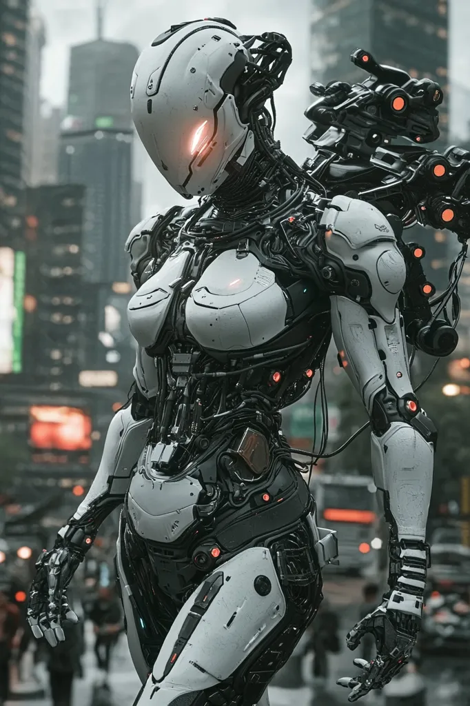A female android, clad in white and black armor, stands amidst a futuristic cityscape.  Her helmet features glowing red accents, and intricate wiring is visible throughout her design.  The robot's sophisticated weaponry is mounted on her back.  The background depicts a busy, urban environment with tall buildings and vehicles. The image evokes a sense of advanced technology and possibly a cyberpunk aesthetic.