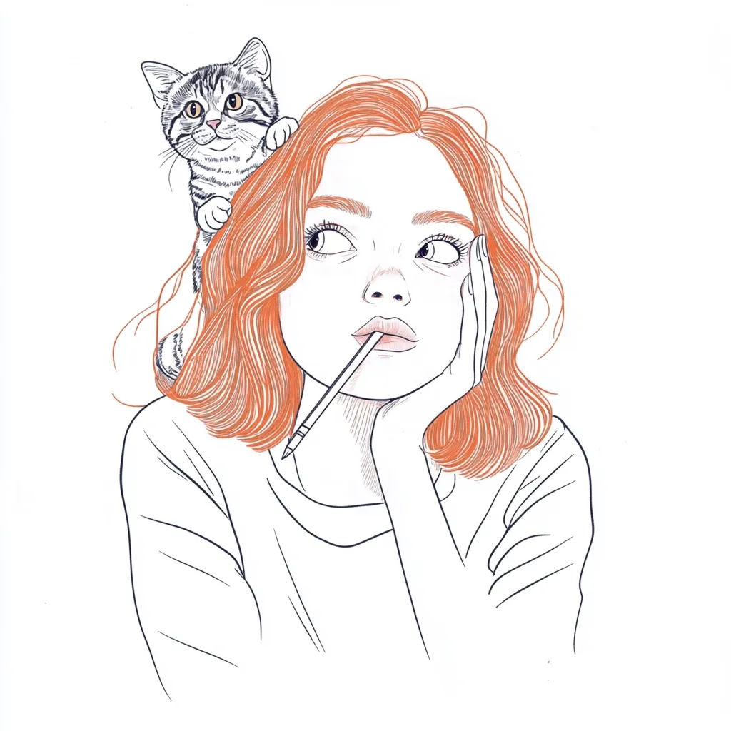 A line drawing depicts a young woman with vibrant orange hair, a pensive expression, and a pencil held gently in her teeth.  A small, tabby kitten rests on her head. Her hand rests thoughtfully on her chin, suggesting contemplation or creative ideation.  The style is minimalist and elegant, with clean lines and subtle shading. The overall mood is calm and reflective.
