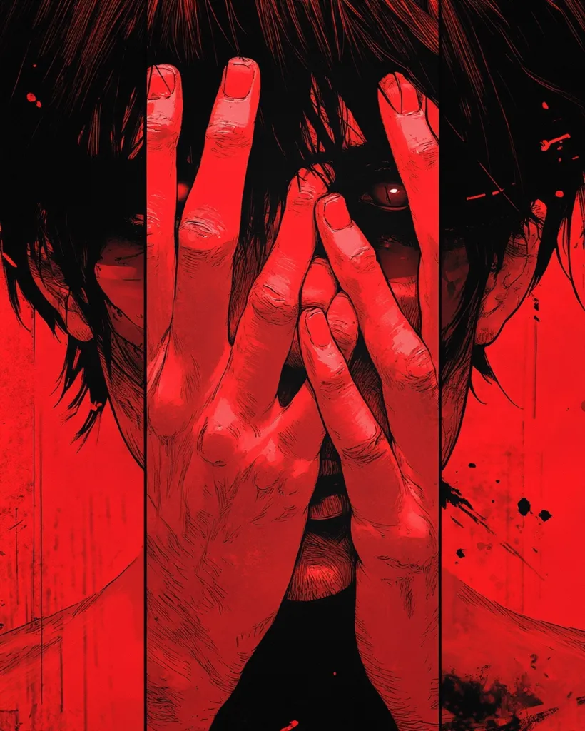 A stylized illustration depicts a person with dark hair, their face obscured by hands in a distressed pose.  The monochromatic red palette and sharp lines create a dramatic, almost violent, aesthetic.  The hands cover the eyes and mouth, suggesting concealed emotions or overwhelming anguish.  The background features splatters, enhancing the intense and unsettling mood.