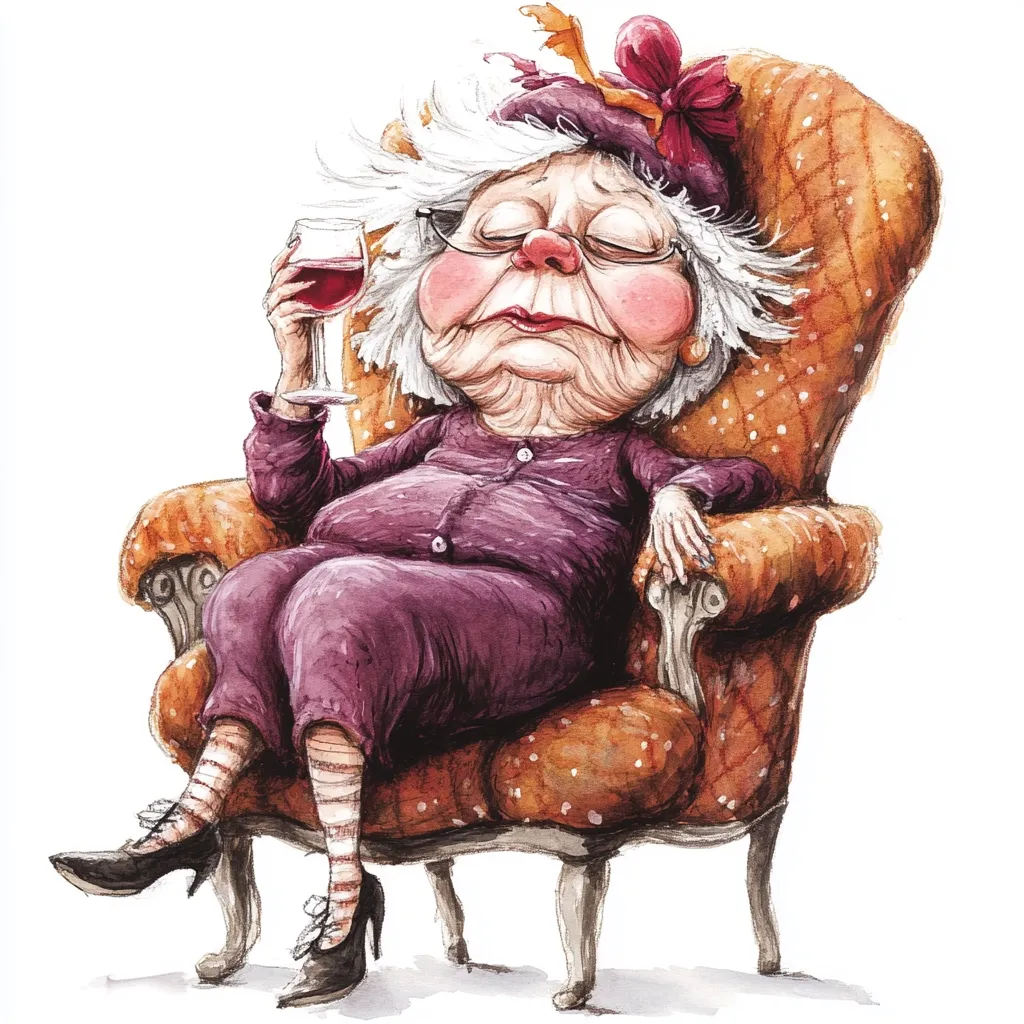 A whimsical watercolor illustration depicts an elderly woman, eyes closed, contentedly relaxing in a plush armchair. She's dressed in a purple outfit and stylish hat, holding a glass of red wine.  Her expression is one of peaceful enjoyment. The overall style is cartoonish, with exaggerated features and a touch of whimsy.