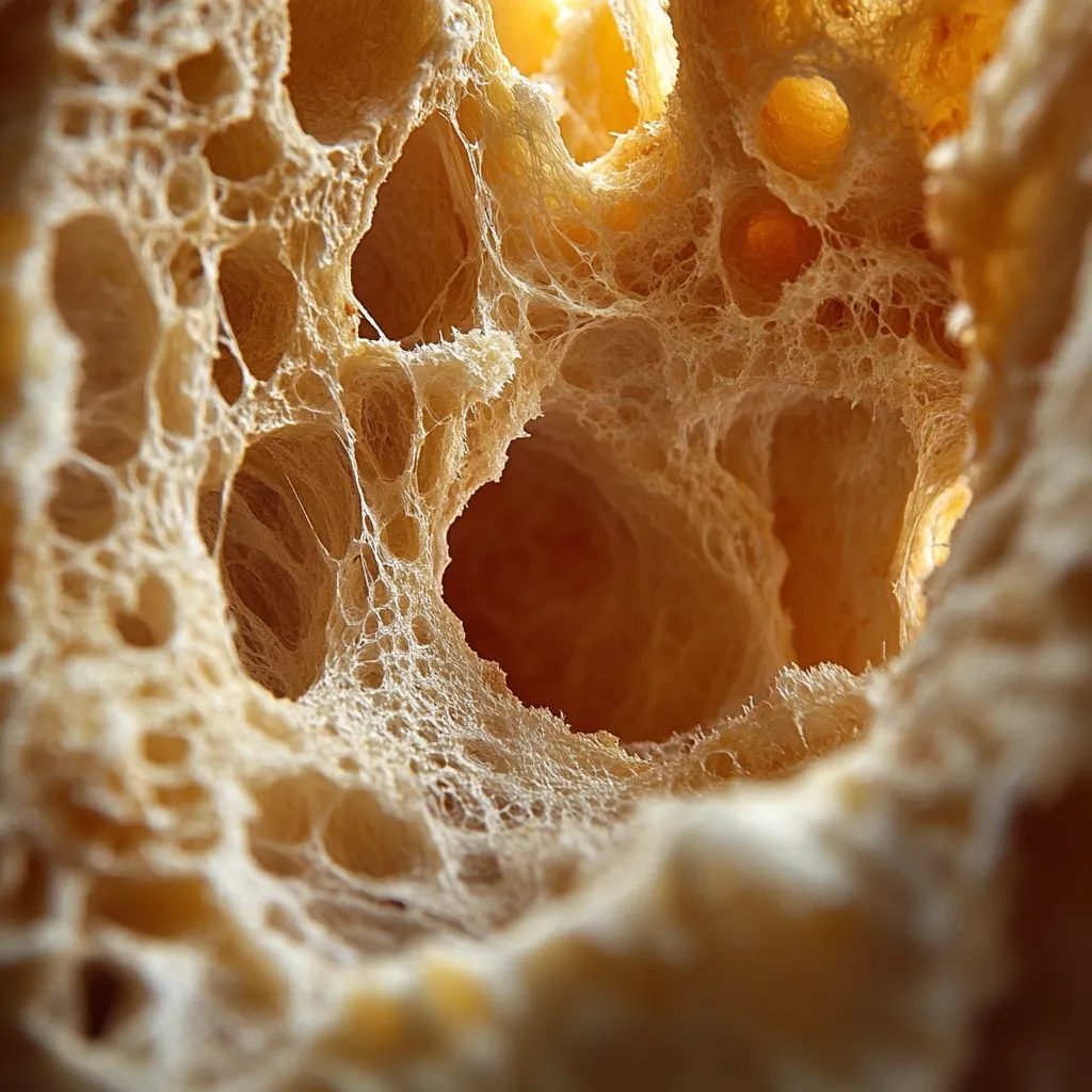 A close-up image reveals the intricate, airy interior of a baked good, possibly bread.  The texture is porous and sponge-like, with numerous interconnected holes and a network of delicate strands creating a cavernous effect. The warm, golden-brown color suggests a well-baked product.  The photograph highlights the surprising detail and beauty within a seemingly ordinary food item.