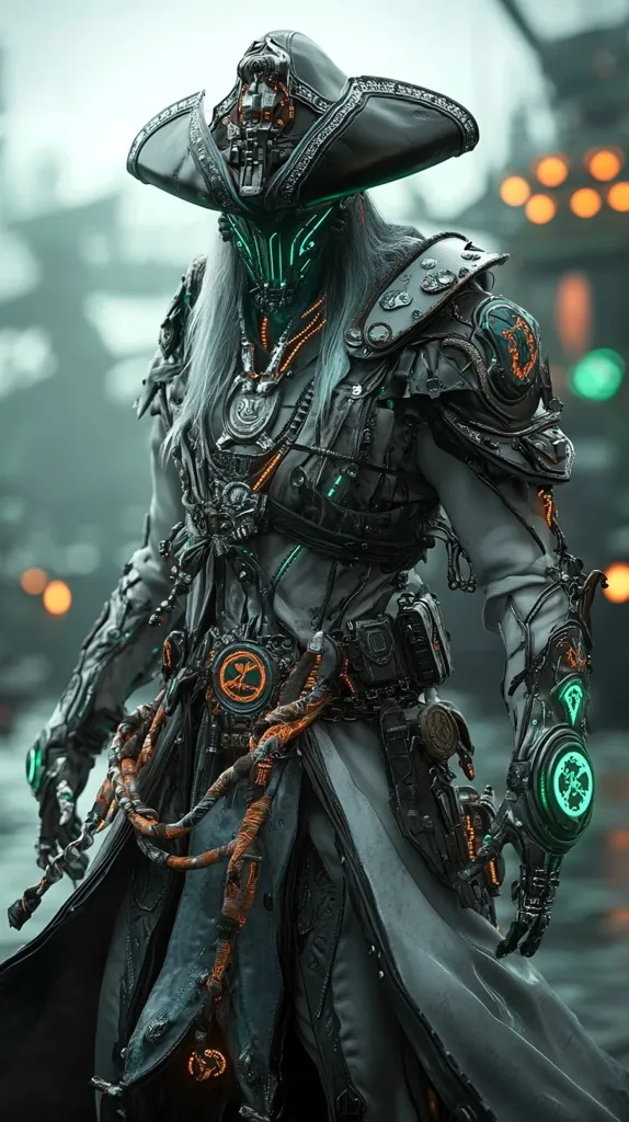 A futuristic cyborg pirate, clad in grey and black armor, stands before a blurred industrial backdrop.  The figure wears a tricorn hat, long grey hair, and intricate mechanical details incorporating orange and teal accents.  The cyborg’s face is partially obscured by a metallic mask, lending an air of mystery.  The overall aesthetic blends steampunk and cyberpunk elements.