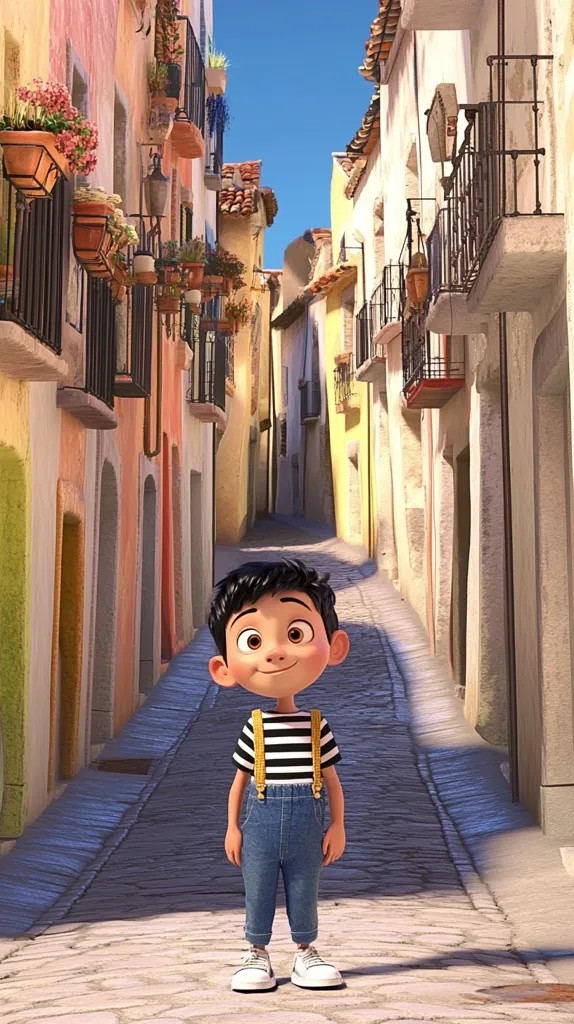 A cartoon boy, with dark hair and large eyes, stands in a sun-drenched, narrow alleyway. He wears a black and white striped shirt and denim overalls.  The alley is lined with colorful buildings, each featuring balconies adorned with potted plants and flowers. The scene evokes a cheerful, Mediterranean atmosphere. The boy's expression is pleasant and hopeful, suggesting a sense of wonder and adventure.