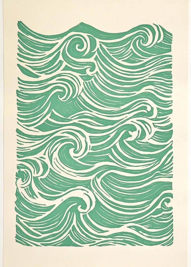 A teal green linocut print depicts a stylized ocean wave pattern.  The waves are rendered with swirling lines and curves, creating a dynamic and textured surface. The print utilizes negative space effectively, allowing the cream-colored paper to contrast with the vibrant green ink.  The overall effect is calming yet energetic, suggestive of the movement and rhythm of the sea.