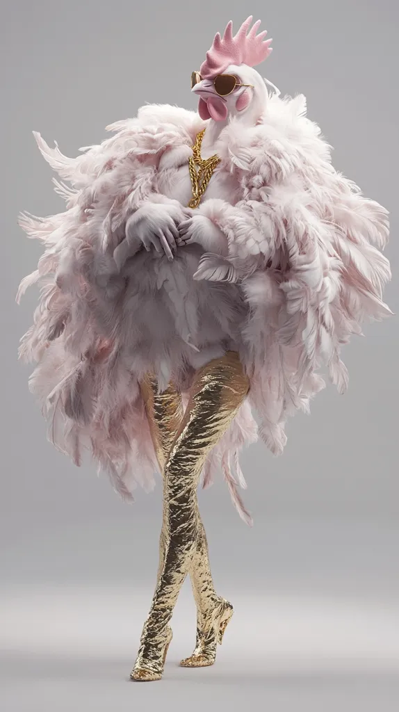 A rooster, fashionably dressed in a voluminous pink feather boa, gold-foil boots, and sunglasses, strikes a pose.  The opulent attire contrasts with the unexpected subject, creating a humorous and stylish image.  The rooster's confident stance and accessories suggest a high-fashion, almost surreal, aesthetic.