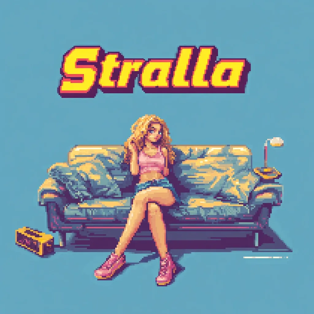 A pixel art illustration titled "Stralla" shows a blonde woman sitting on a worn couch in a light blue room.  The woman wears a pink tank top and denim shorts.  She has on chunky shoes. A small yellow box sits on the floor nearby. The title "Stralla" is in large yellow pixelated letters at the top. A small desk lamp sits on a small side table next to the couch.