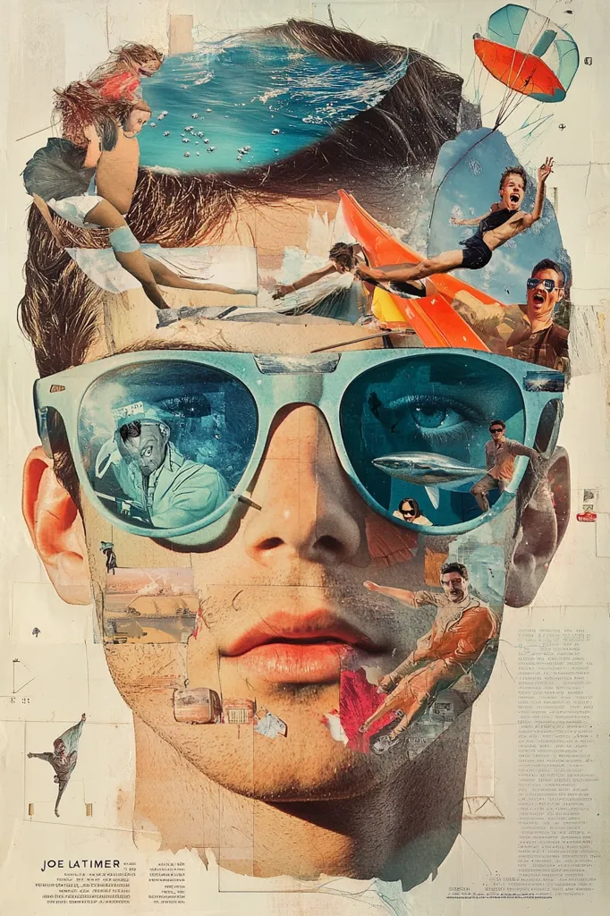 A collage features a man's face, his sunglasses reflecting various scenes.  These include beach scenes, people waterskiing and parasailing, and a desert landscape.  The collage style incorporates vintage imagery and creates a surreal, dreamlike effect, layering numerous images to form a cohesive whole. The artist's name, Joe Latimer, is visible at the bottom.