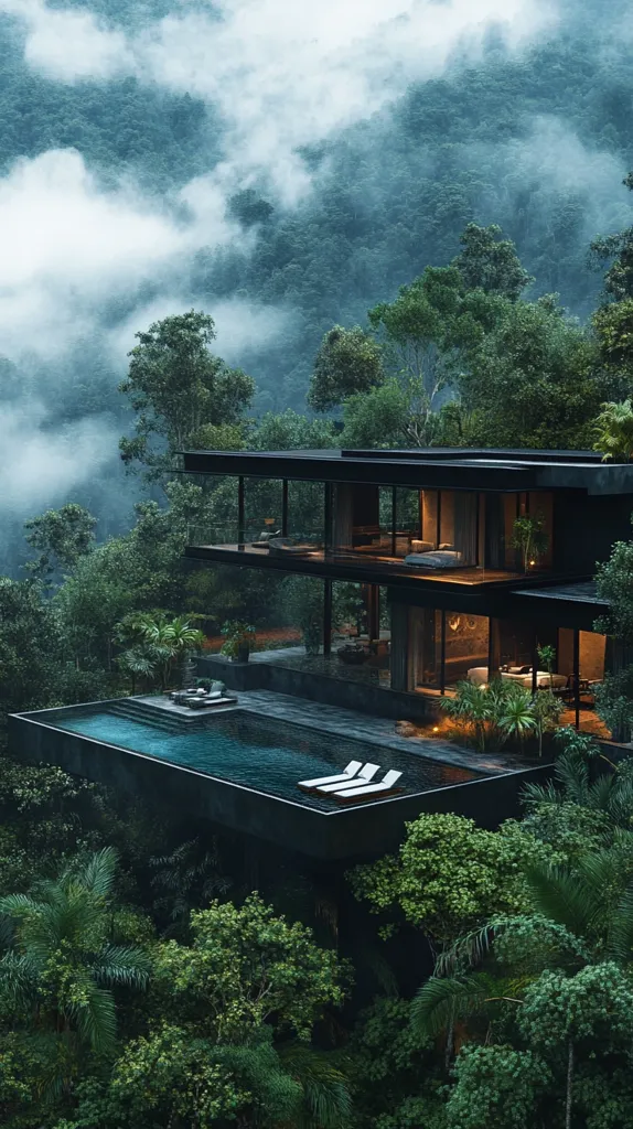 A stunning, modern black house is perched on a hillside overlooking a lush, misty rainforest.  The home features large glass windows, offering expansive views, and a striking infinity pool that seamlessly blends with the landscape.  The architecture is minimalist and sleek, creating a dramatic contrast with the vibrant green surroundings.  Lounge chairs by the pool invite relaxation in this secluded paradise.