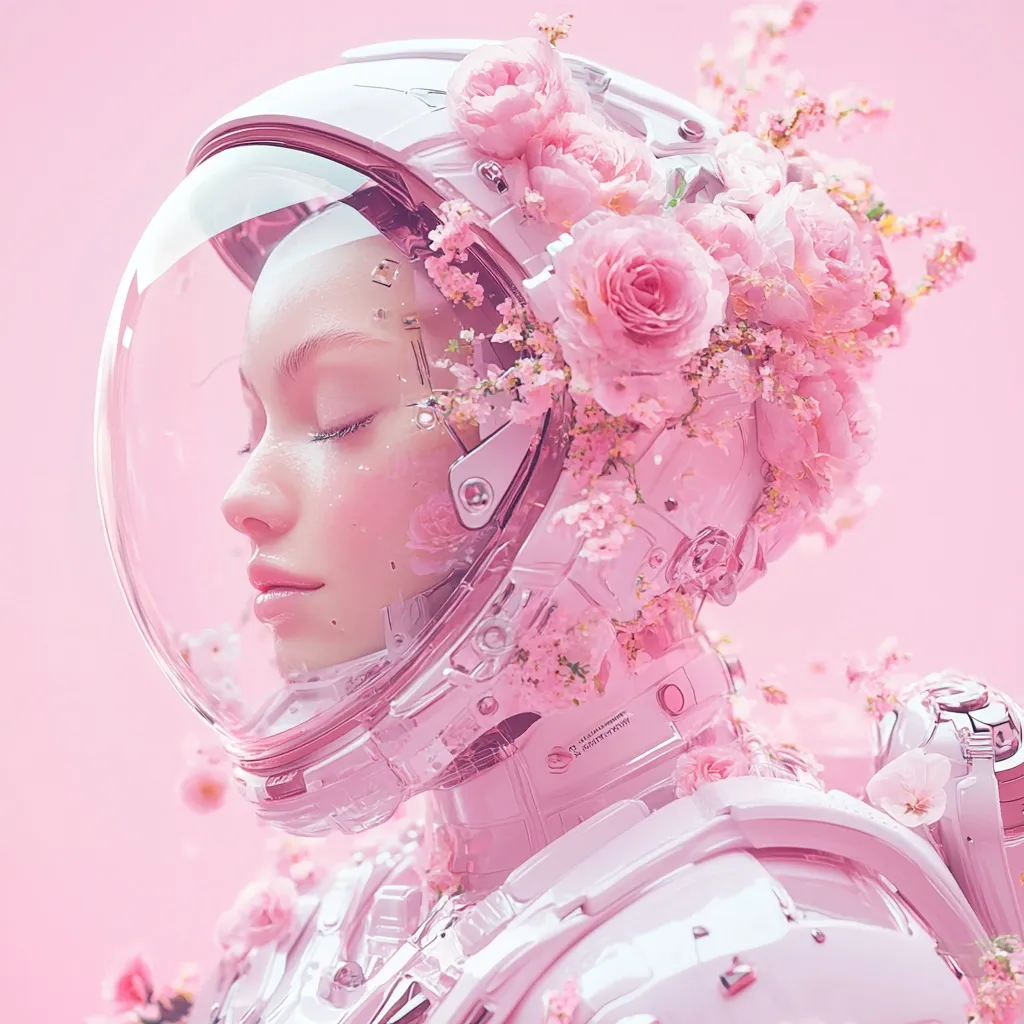 A serene, digital portrait depicts a woman's face within a pink astronaut helmet adorned with delicate pink roses and blossoms.  Her eyes are closed, conveying a peaceful expression. The overall aesthetic is soft, dreamy, and futuristic, blending feminine beauty with technological elements in a pastel pink palette.  The image evokes a sense of tranquility and otherworldly beauty.