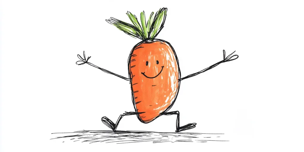 A cheerful cartoon carrot with simple, stick-like arms and legs joyfully skips across a sketched ground.  Its orange body is shaded with marker, and it has a wide, happy smile.  The green carrot top is spiky and lively, adding to the overall playful and energetic feel of the drawing.