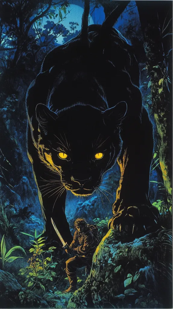 A majestic black panther, its eyes glowing ominously, dominates a dark, moonlit jungle scene.  A lone figure, a warrior with a sword, crouches before the immense creature, dwarfed by its size and power.  The lush, vibrant foliage contrasts with the panther's shadowy form, creating a dramatic and mysterious atmosphere. The scene hints at a confrontation, a moment of tension between human and nature's might.