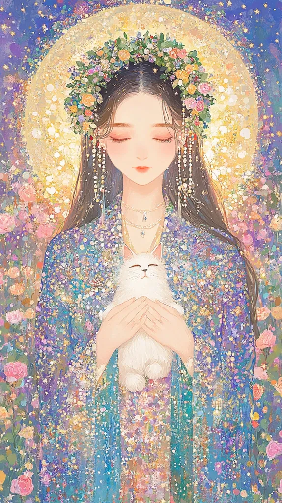 A serene illustration depicts a young woman adorned in a floral crown and flowing, pastel-hued robe.  She gently cradles a white cat, her eyes closed in peaceful contemplation.  The background is a dreamy blend of soft colors and sparkling lights, suggesting a moonlit garden.  The overall style is delicate and ethereal, evoking a sense of calm and tranquility.
