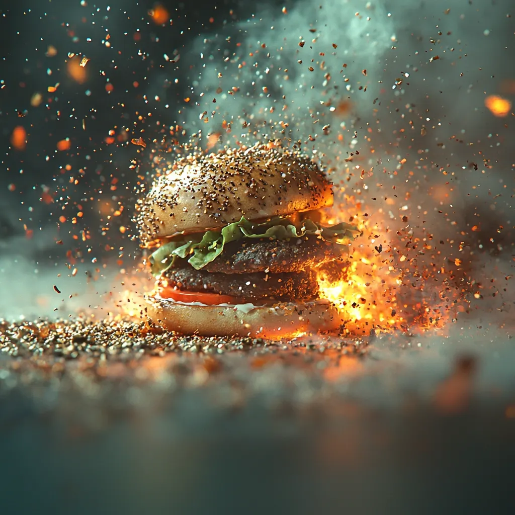 A double cheeseburger, nestled in a sesame seed bun and layered with lettuce and tomato, explodes in a dramatic display of fiery sparks and smoke.  The image is highly stylized, with the burger seemingly engulfed in a miniature explosion of spices and flames, creating a visually arresting and intense food photography composition.