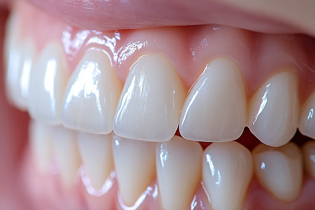 A close-up shot reveals a set of meticulously cleaned and healthy teeth.  The pearly white enamel gleams, showcasing a straight and even alignment.  The gums appear pink and healthy, nestled tightly against each tooth. The image highlights the importance of dental hygiene and the aesthetic appeal of a well-maintained smile.