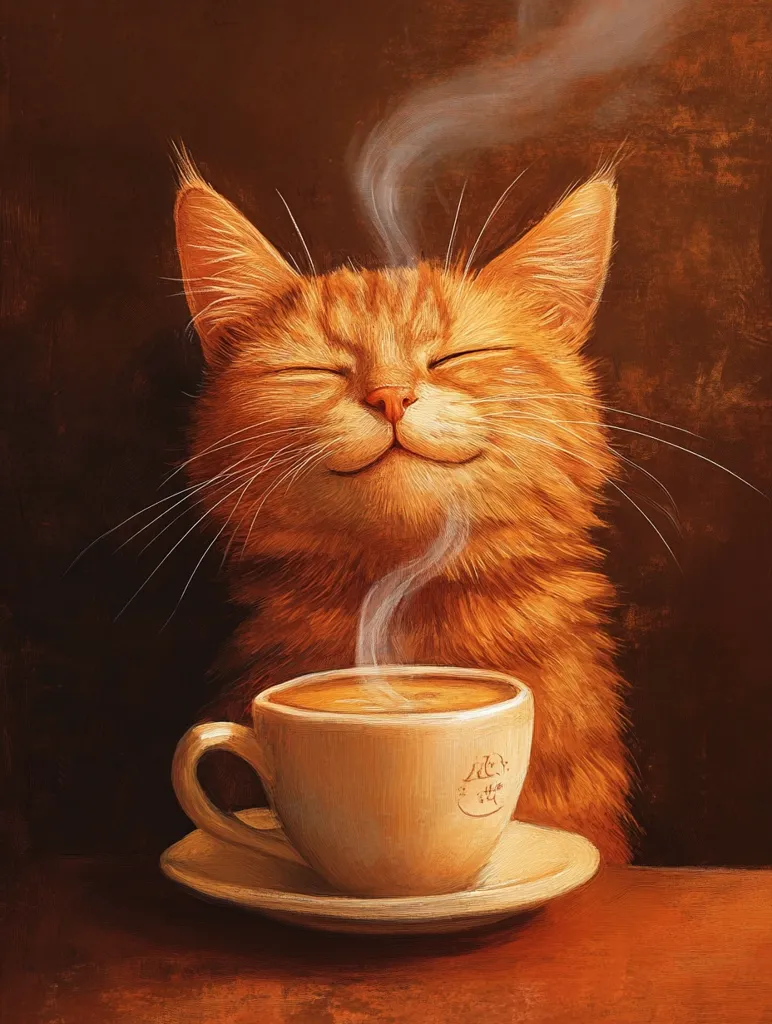A charming painting depicts an orange tabby cat with eyes closed, a blissful expression on its face, as steam from a cup of coffee rises nearby.  The cat seems to be enjoying the aroma, creating a heartwarming and cozy scene. The warm lighting and painterly style enhance the image's peaceful ambiance. The coffee cup has a small logo, adding a subtle detail.