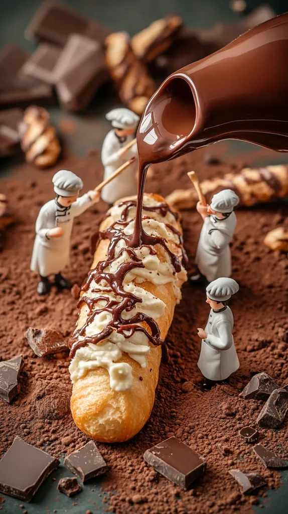 Miniature chefs decorate a cream-filled pastry with melted chocolate.  The scene is set amidst a bed of cocoa powder and broken chocolate pieces.  A chocolate pitcher pours the rich ganache over the eclair.  The image is a whimsical portrayal of chocolate making and pastry artistry.