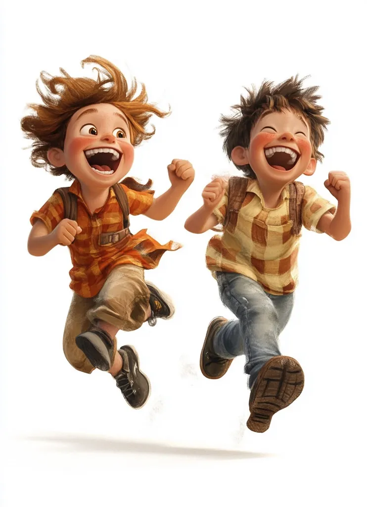 Two joyfully exuberant children, a boy and a girl, are depicted mid-leap, their arms raised in exhilaration.  They wear backpacks and casual clothing, suggesting an adventurous spirit. Their wide, beaming smiles and dynamic poses convey a sense of boundless energy and carefree happiness. The illustration style is vibrant and playful, emphasizing the children's joyful movement.