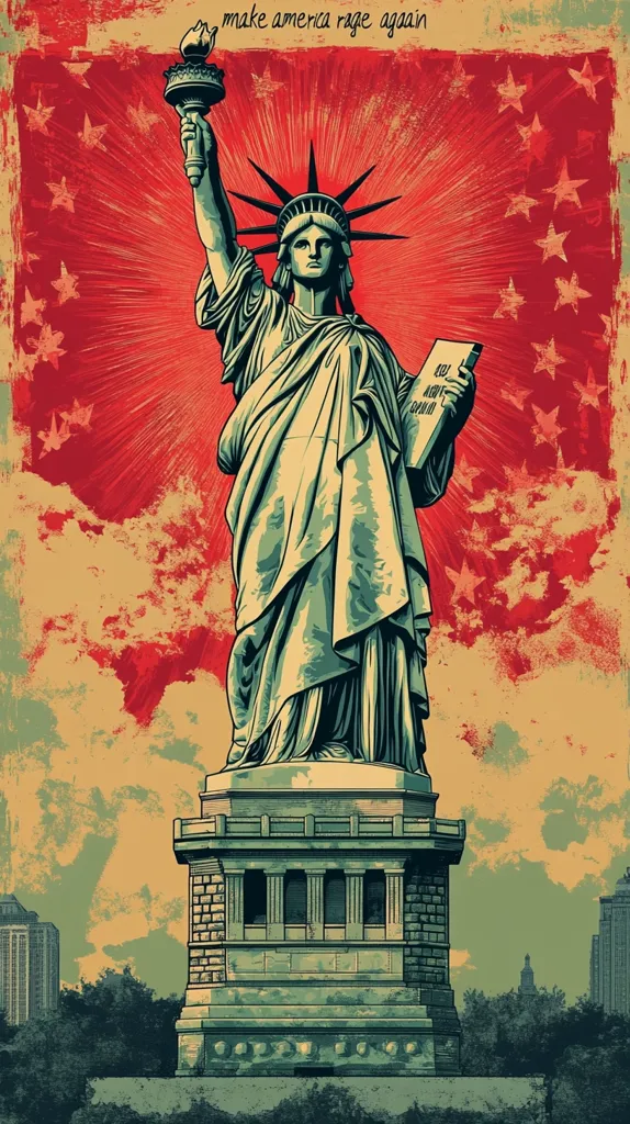 A stylized illustration depicts the Statue of Liberty against a backdrop of a red, white, and gold American flag with the words "Make America Rage Again" inscribed at the top.  The statue holds a tablet, and a cityscape is visible in the background.  The image uses a distressed, vintage aesthetic, creating a bold and provocative visual statement.
