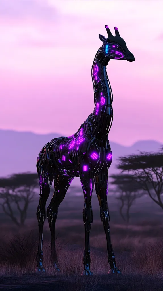A majestic, robotic giraffe stands in a serene African savanna at dusk.  Its dark metallic body is intricately detailed, accented with vibrant purple neon lights pulsating along its joints and chassis. The background features silhouetted acacia trees against a soft purple twilight sky, creating a striking contrast between futuristic technology and natural beauty.  The giraffe appears both powerful and graceful in this surreal landscape.