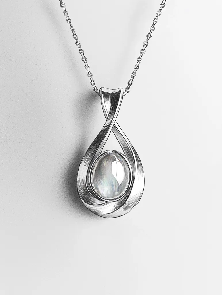 A detailed illustration showcases an elegant silver necklace.  The pendant features a delicately intertwined design, resembling a stylized infinity symbol, cradling a lustrous pearl at its center.  The chain is a fine, delicate link style, complementing the pendant's refined aesthetic. The overall impression is one of understated luxury and graceful simplicity.