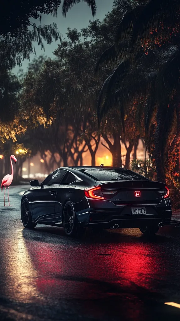 A sleek, black Honda Civic sedan is parked on a rain-slicked street, its taillights reflecting intensely on the wet asphalt.  A flamingo stands calmly nearby, adding a surreal touch to the scene.  Tall, dark palm trees line the street, creating a dramatic, almost tropical backdrop under a twilight sky.  The overall mood is dark, moody, and slightly mysterious.