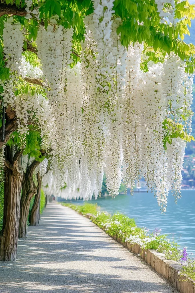 A tranquil pathway winds along a lake, shaded by a breathtaking canopy of white wisteria.  The cascading blossoms create a stunning floral tunnel, their delicate blooms hanging down towards the calm water. Sunlight dapples the path, casting shadows on the light-colored stones.  The scene evokes serenity and the beauty of springtime.