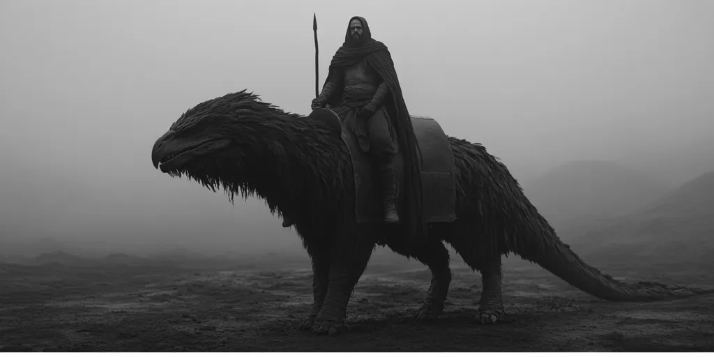 A grayscale image depicts a cloaked figure astride a large, feathered beast. The rider holds a spear, and the creature resembles a scaled, reptilian bird with a long tail.  They traverse a desolate, misty landscape, the overall mood somber and evocative of fantasy or mythology. The scene is shrouded in a thick fog, enhancing the mysterious atmosphere.