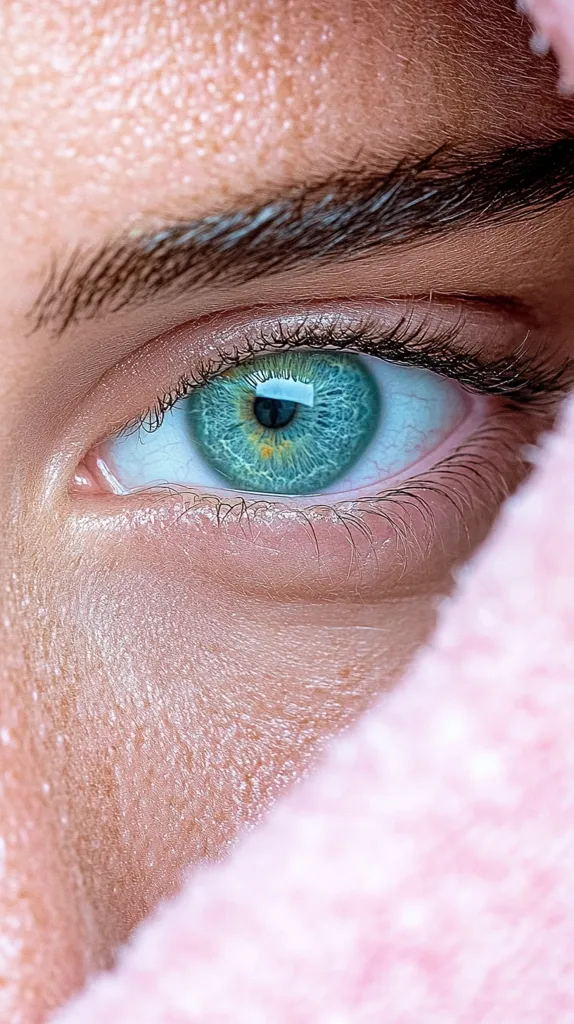 A close-up shot reveals a captivating blue eye, partially obscured by a soft pink fabric.  The eye's intricate details, from the vibrant iris to the delicate lashes, are sharply in focus.  The skin surrounding the eye displays a subtle texture, adding depth to the image. The overall mood is intimate and serene.