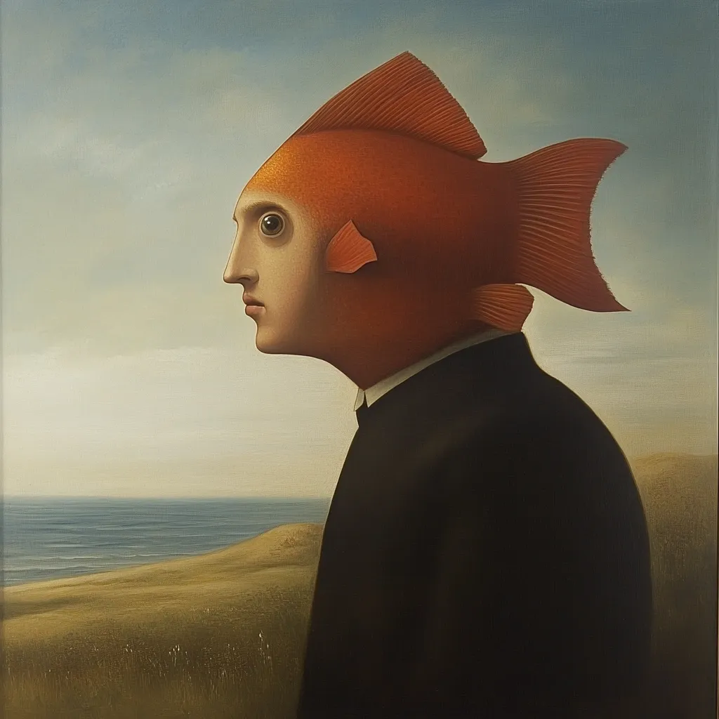 The painting depicts a person in profile, their head replaced by an orange goldfish.  The figure, dressed in dark clothing, gazes towards a calm sea and sandy shore. The style is surreal, blending human and aquatic forms in a melancholic, dreamlike landscape.  The muted colors and smooth brushstrokes contribute to the artwork's contemplative mood.