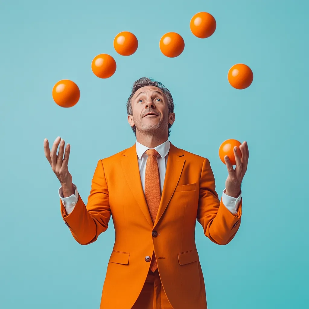 A man in a vibrant orange suit juggles several oranges against a light blue background.  He looks upward, focused on the fruit in the air.  The image is brightly lit and features a cheerful, playful mood. The color coordination between the suit and the oranges creates a striking visual effect.