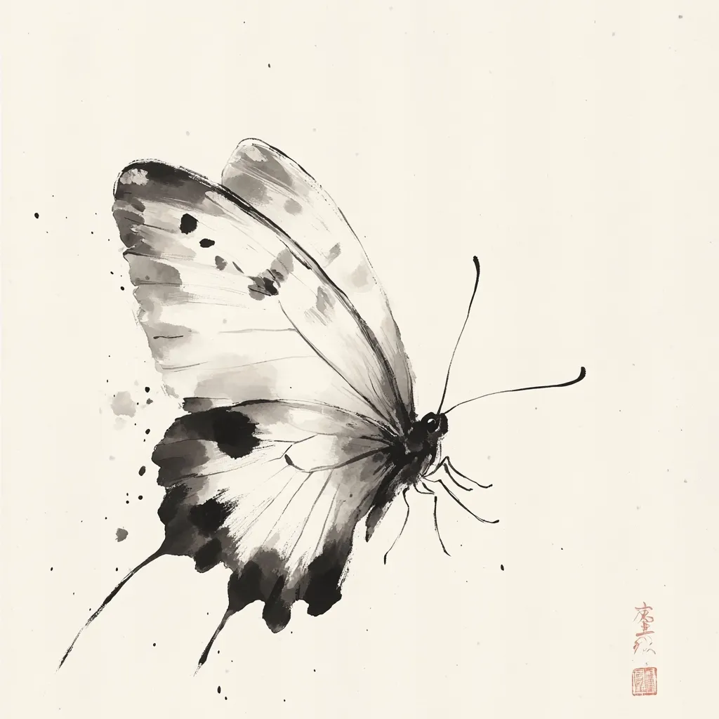 A monochrome ink wash painting depicts a butterfly in flight.  The butterfly's wings are predominantly light, with darker ink washes suggesting texture and markings.  Delicate lines define its body and antennae.  Splashes of ink around the butterfly add to the ethereal, graceful feel of the artwork.  The artist's signature is subtly placed in a corner.