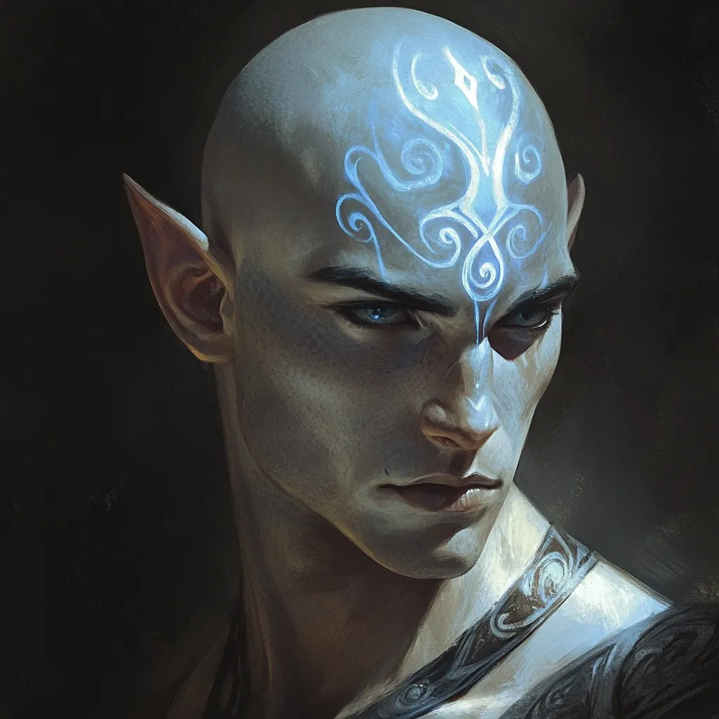 A striking portrait of a bald, pale-skinned elf with pointed ears.  He possesses intense blue eyes and a serious expression.  A glowing, intricate blue design adorns his forehead, possibly a tattoo or marking.  He wears a dark, textured garment around his neck, suggesting a warrior or mystical character. The dark background enhances the ethereal quality of the subject.